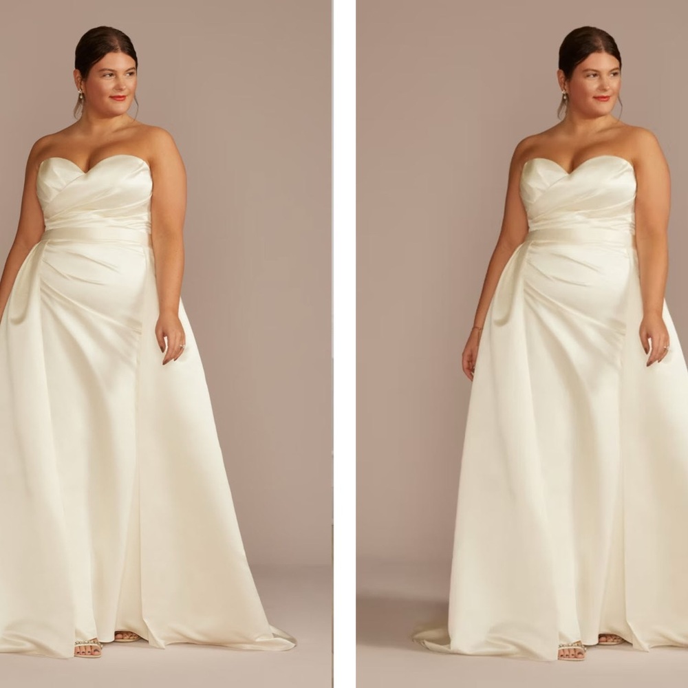 David's Bridal Satin Ruched Bodice Wedding Dress with Overskirt and Garment Bag